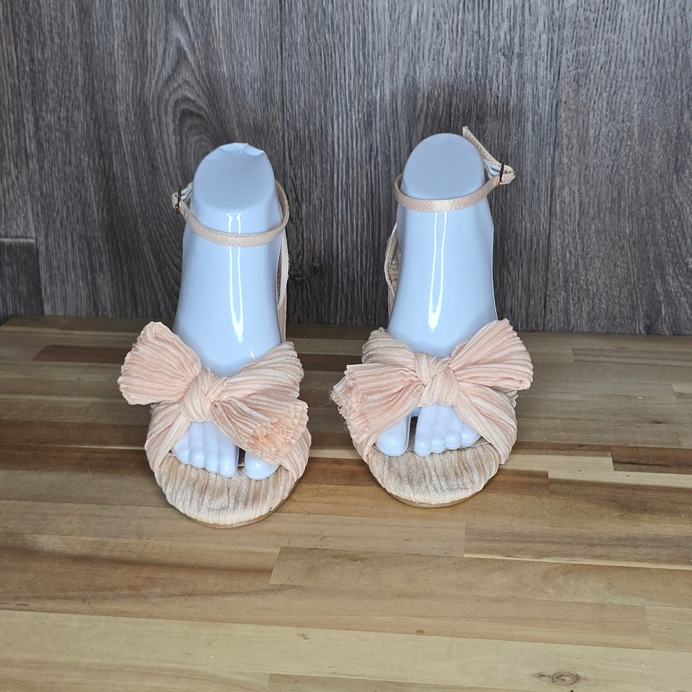 Muccute Pleated Bow Ankle Strap Block Heel Sandal 8 Peach Pink Womens Shoes